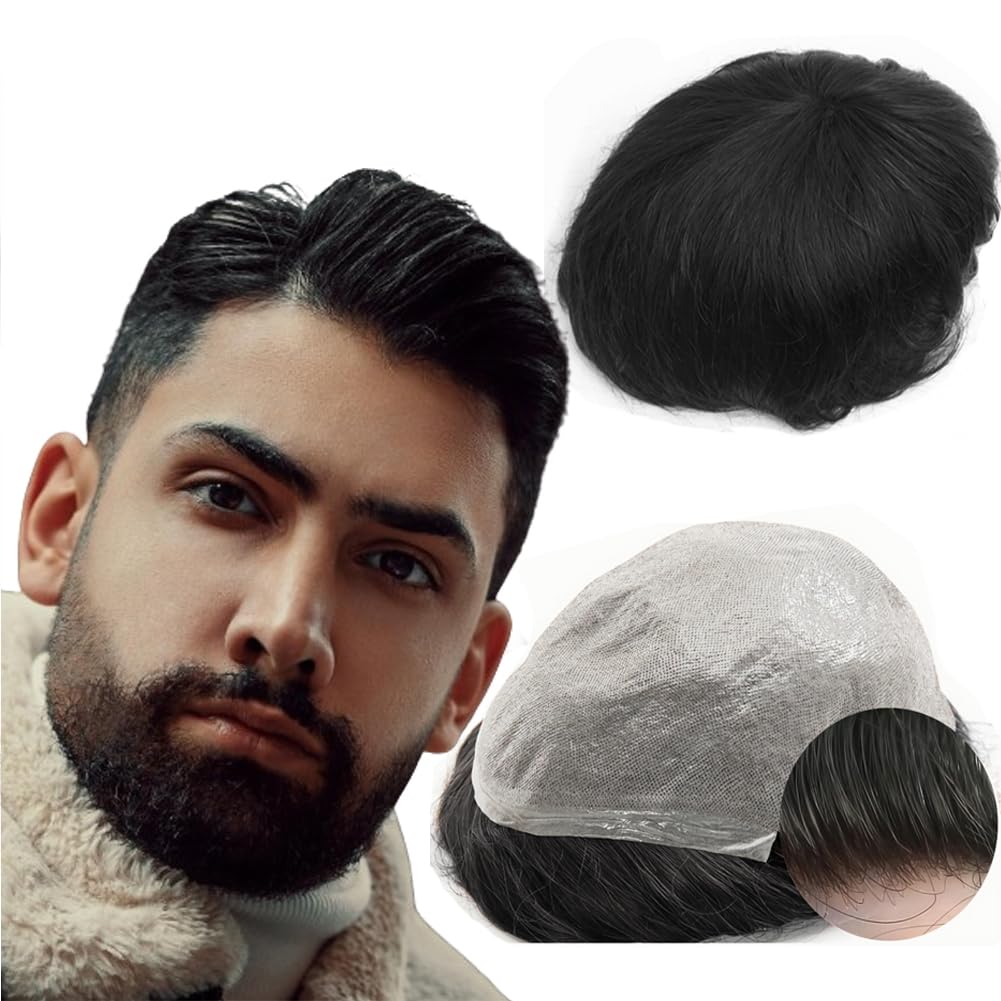 Toupee for Men Yanahair men hair pieces Mens Toupee Human Hair Replacement System 100% European Real Human Hair Mens Hairpieces Hair System 0.04mm Soft Thin Skin PU V-loop (#1B Off Black, 8x10")