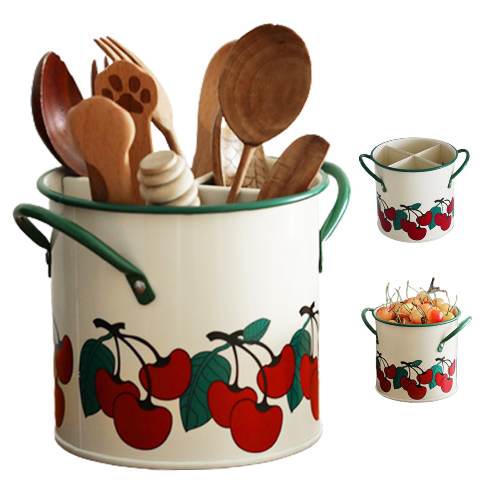 Wedhapy Kitchen Utensil Holder Vintage Cherry Painted Utensil Caddy with Detachable Divider 4 Compartment Iron Utensil Organizer with Drain Hole for Kitchen Accessory Vintage Utensil Holder Kit
