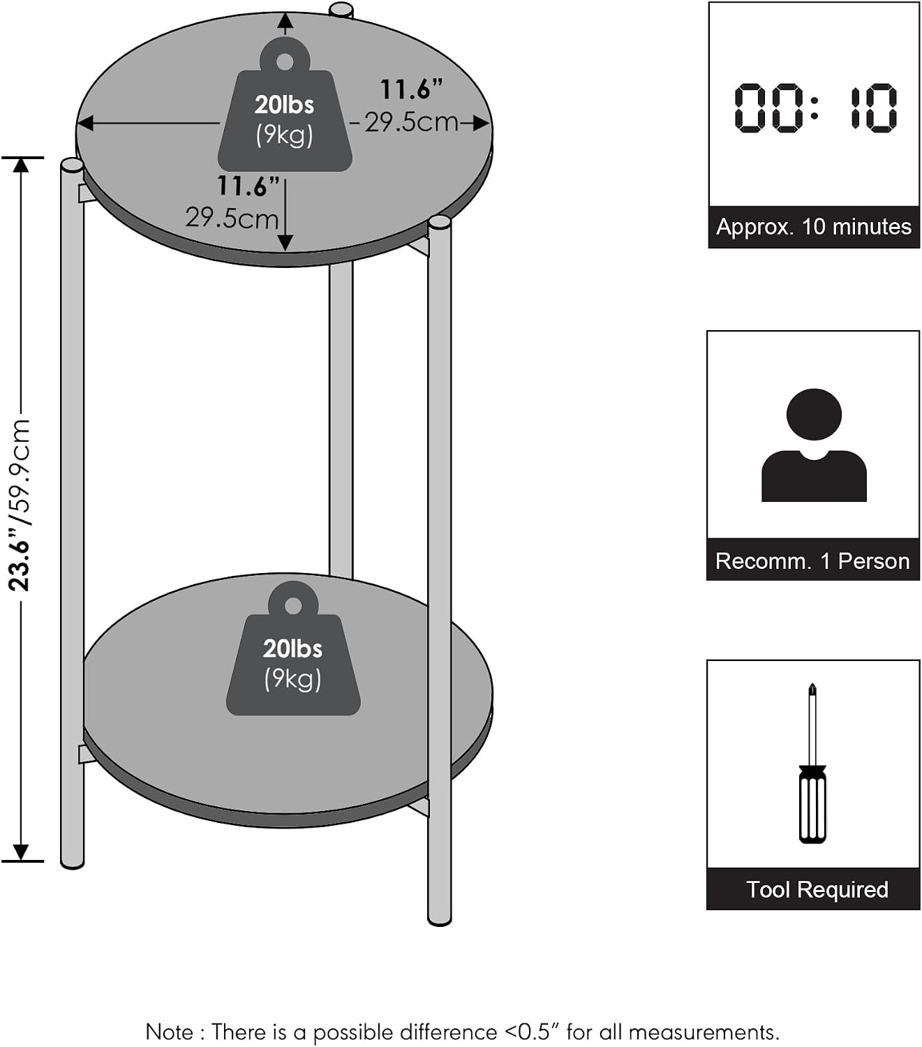Furinno BESI Night Stand, 2-Tier Tall Round Nightstand with Metal Legs, Metal Frame Narrow End Table with Open Shelf, Side Table, Bedside Table, for Bedroom, Closet, Dorm, Americano