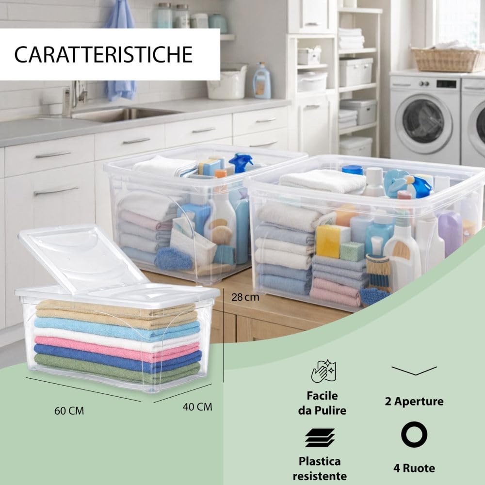 Set 3PZ Contenitore in Plastica Resistente - Trasparente, con Coperchio Bianco, per Vestiti, Portaoggetti, Adatto per Armadi, Garage, Organizer, con Maniglia, Ruote - (60X40X28h CM)