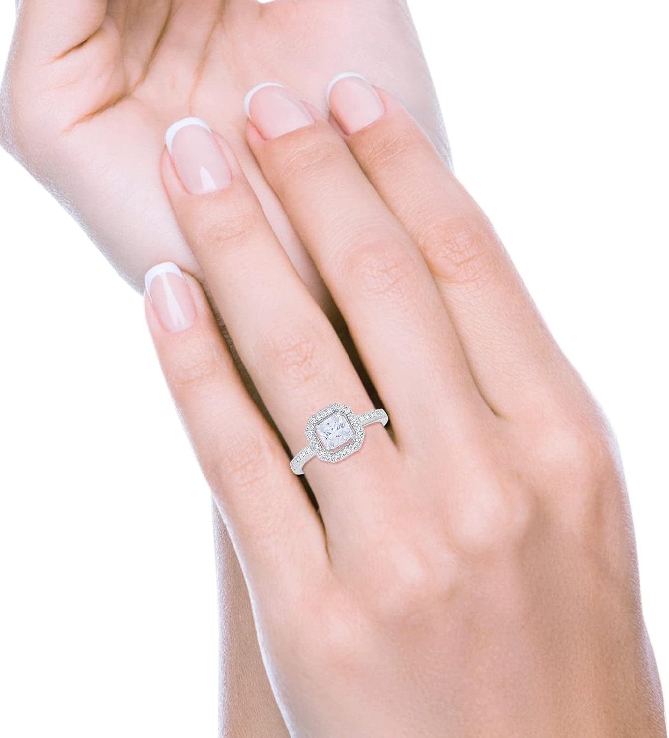 Blue Apple Co. Art Deco Ring Princess Cut Cubic Zirconia Halo Vintage Style Beaded Ring Statement Wedding Engagement Rings For Women 925 Sterling Silver Gift For Her