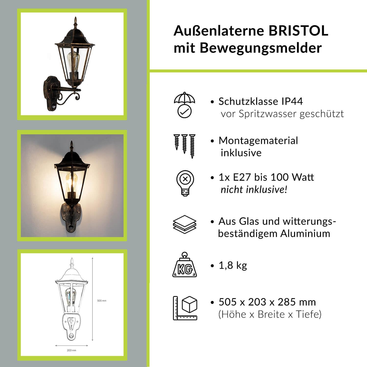 Licht-Erlebnisse Lampa zewnętrzna z czujnikiem ruchu, szkło, aluminium, w kolorze czarno-miedzianym, IP44, podwórko ogrodowe, szer.: 20,3 cm, E27, latarnia, zewnętrzna lampa ścienna BRISTOL
