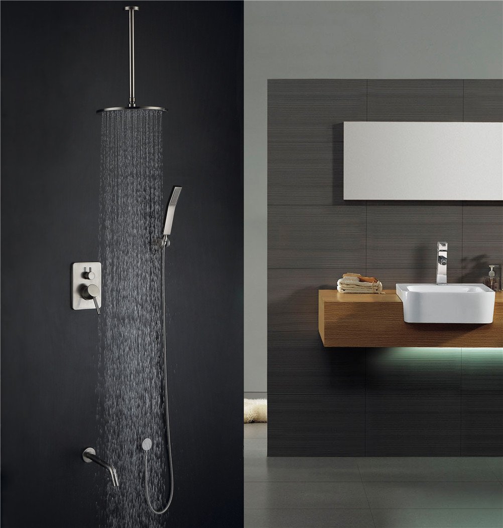 NGDFGR Antique Shower Waterfall Brushed Nickel Shower Faucet Set Ceiling Mounted 10 In Top Spray Ceramic Valve Bathroom Shower Faucet, A,C