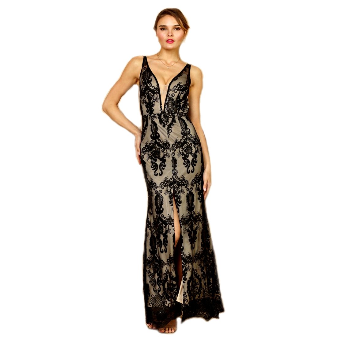 SoiebluBlack and Nude Lace Yoke & Mesh Sleeveless Embroidery Detail Maxi Dress, Large
