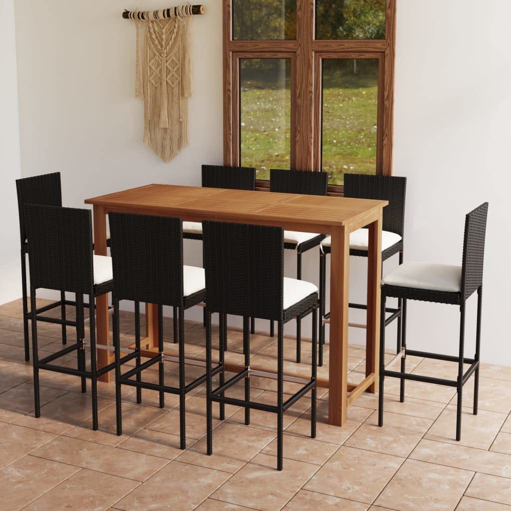 Juego de muebles de jardín con cojines (9 piezas), color negro