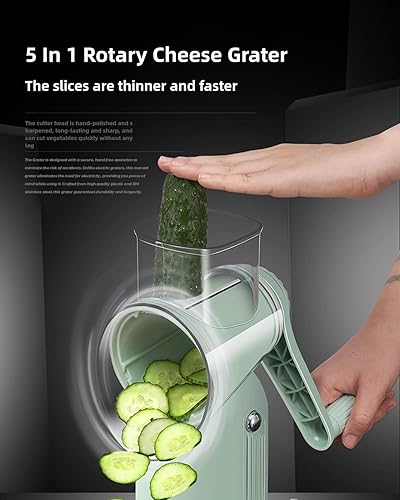 Miniatura 3 de 5 en 1 Rallador de queso rotativo Rebanador de verduras, acero inoxidable, verde