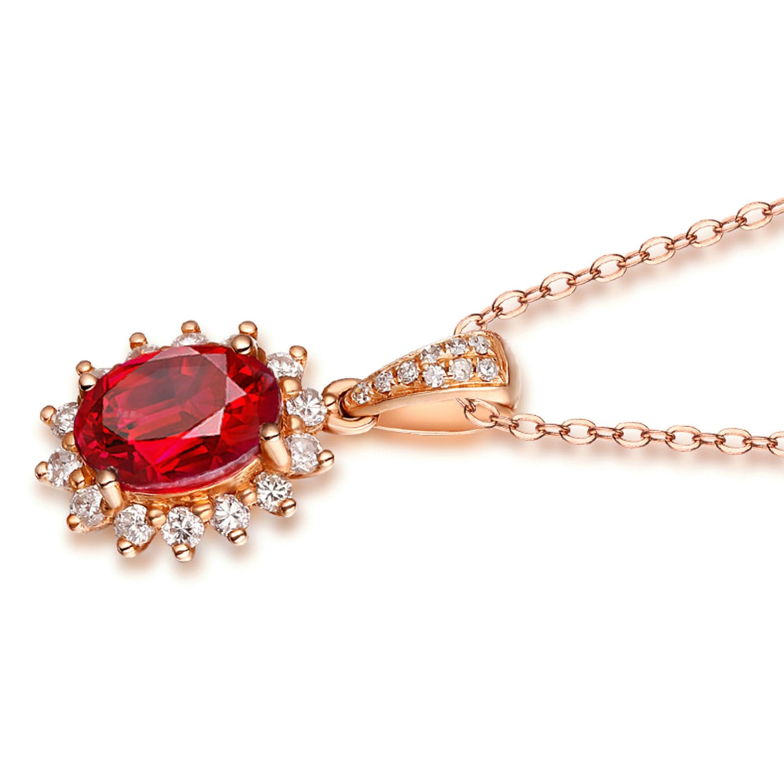 Collar para mujer de oro rosa 750 585 375 de oro auténtico con colgante, cadena colgante de flor con rubí de 1 ct y diamante de 0,19 ct, collar sin níquel, 45 cm