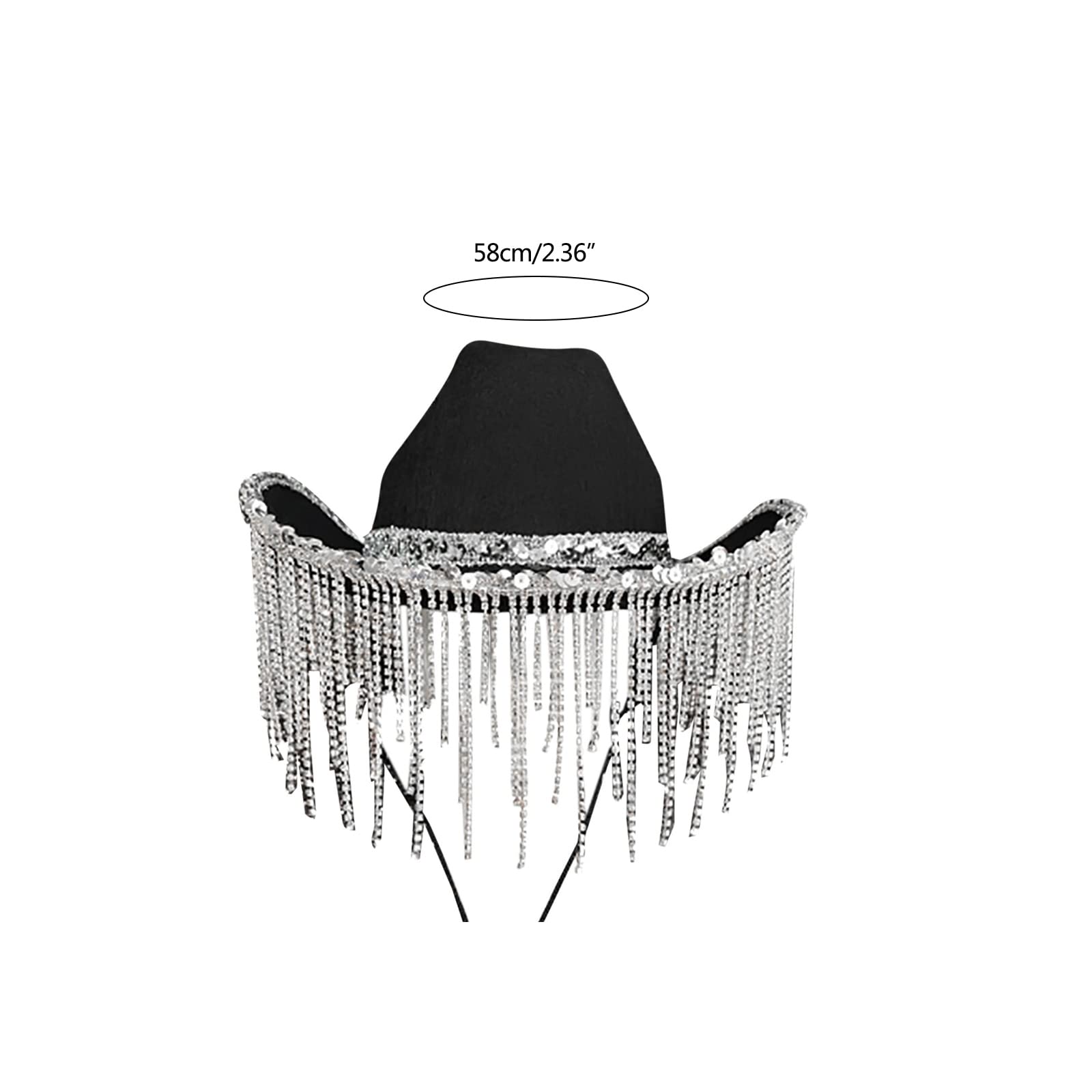 Cappello da cowgirl per adulti cappello da cowboy con paillettes strass frangia adatta alla maggior parte delle donne per feste a tema nero bianco