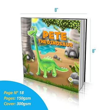 Personalized Story Book by Dinkleboo - The Dinosaur - for Kids Aged 0 to 8 Years Old -A Story About Your Child Going on an Adventure to find a new Dinosaur Friend. Soft Cover. 8x8