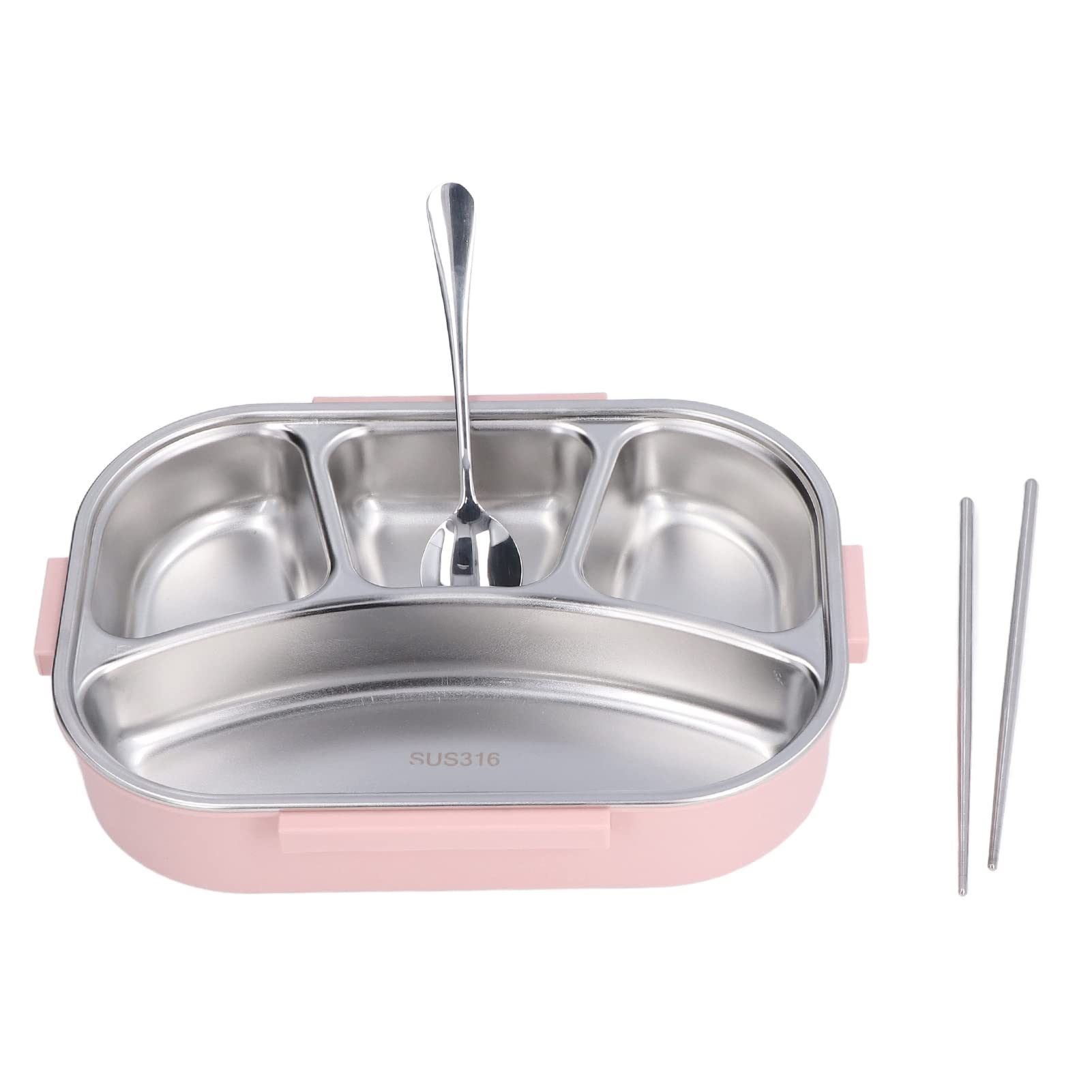 KUIKUI Stapelbare roestvrijstalen lunchbox met 4 compartimenten opbergdoos voor kinderen/volwassenen, school, kantoor, picknick, camping, outdoor maaltijden (roze