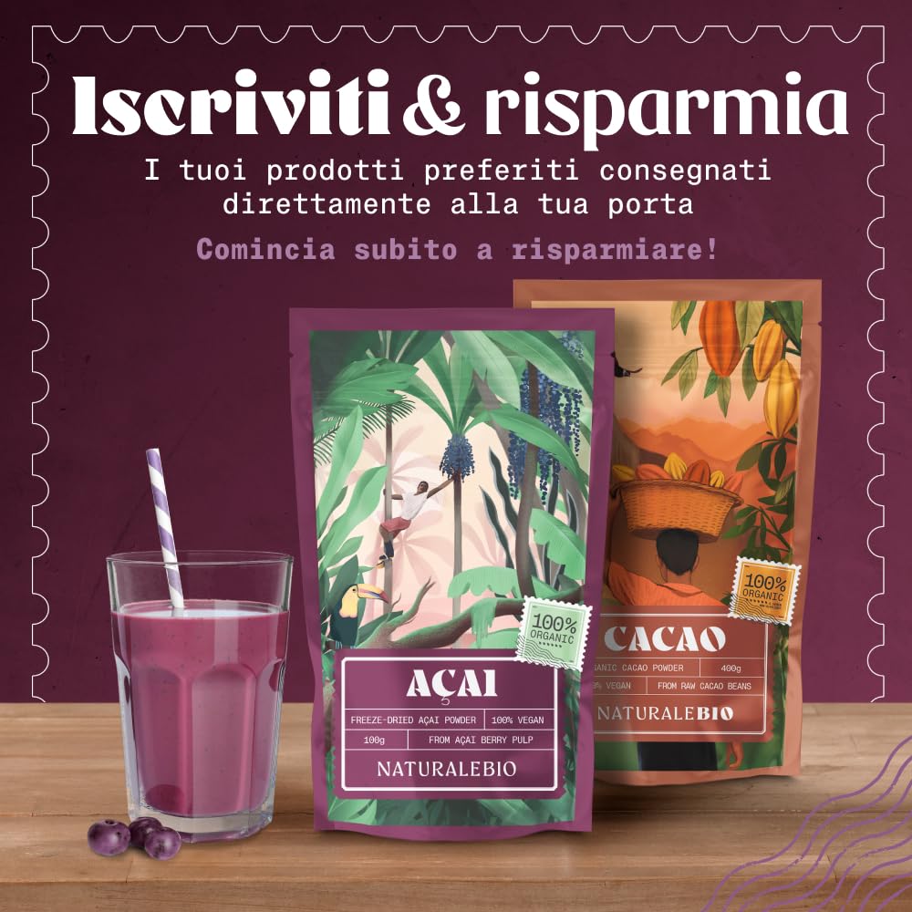NaturaleBio Bacche di Acai Biologiche in Polvere - Freeze-Dried - 200 gr. Prodotto in Brasile, Liofilizzato, Crudo ed Estratto dalla Polpa della Bacca di Açai.