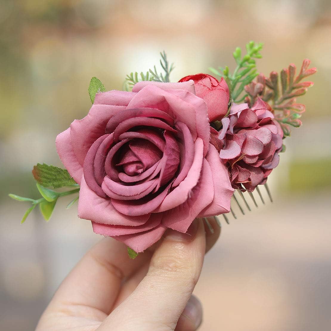 Fangsen Wedding Rose Flower Hair Comb Bridal Flower Hair Clip Floral Hair Accessories for Women an Girls (Retro Red)