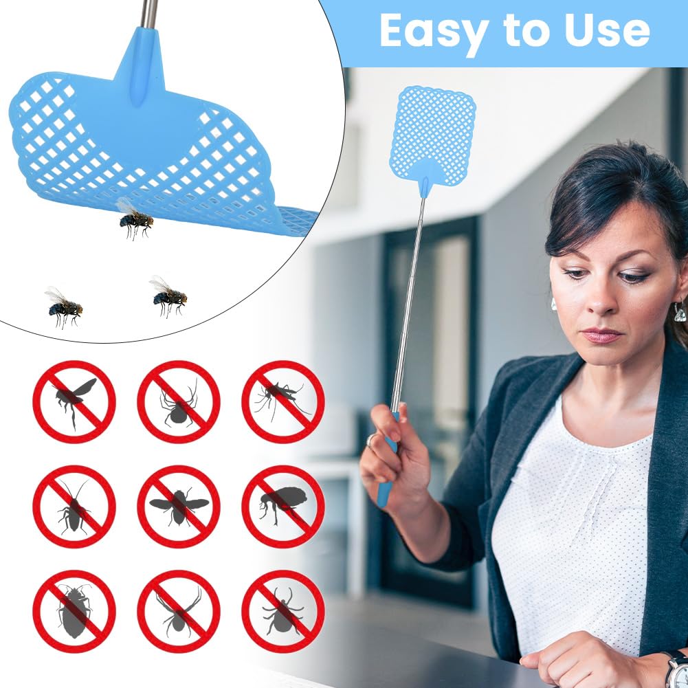 Scacciamosche Estensibile, 6 Pezzi Manuale Paletta Mosche Manico Telescopico Acciaio Inossidabile Regolabile da 26.5cm a 73cm Robusto Scaccia Mosche per Prevenire Mosche Zanzare (Multicolore)