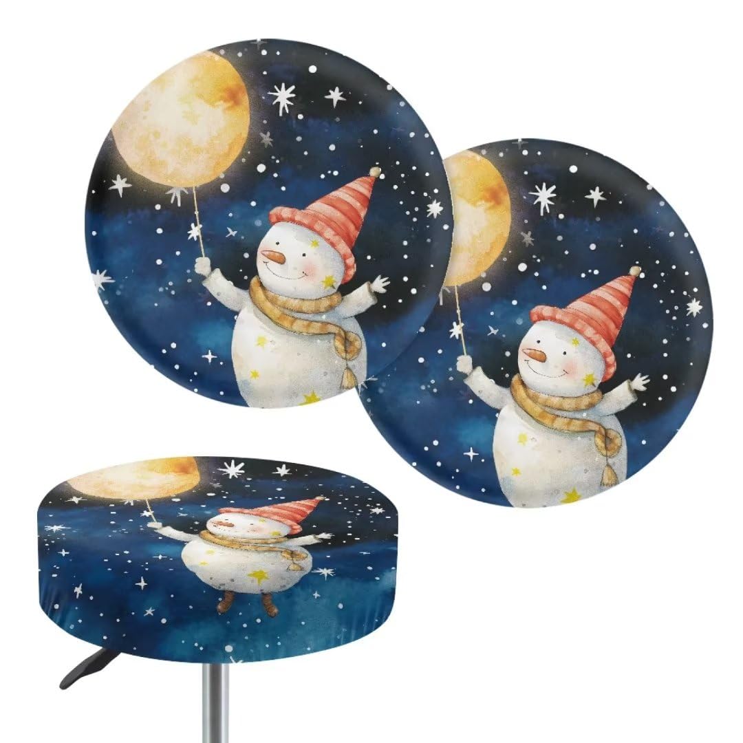 Jeiento 2PCS Christmas Stool Covers Round for Round Barstools Moon Snowmen 14"-16" Elastic Round Stool Cushion Cover for Christmas Home Coffee Shop Bar Chair Cover