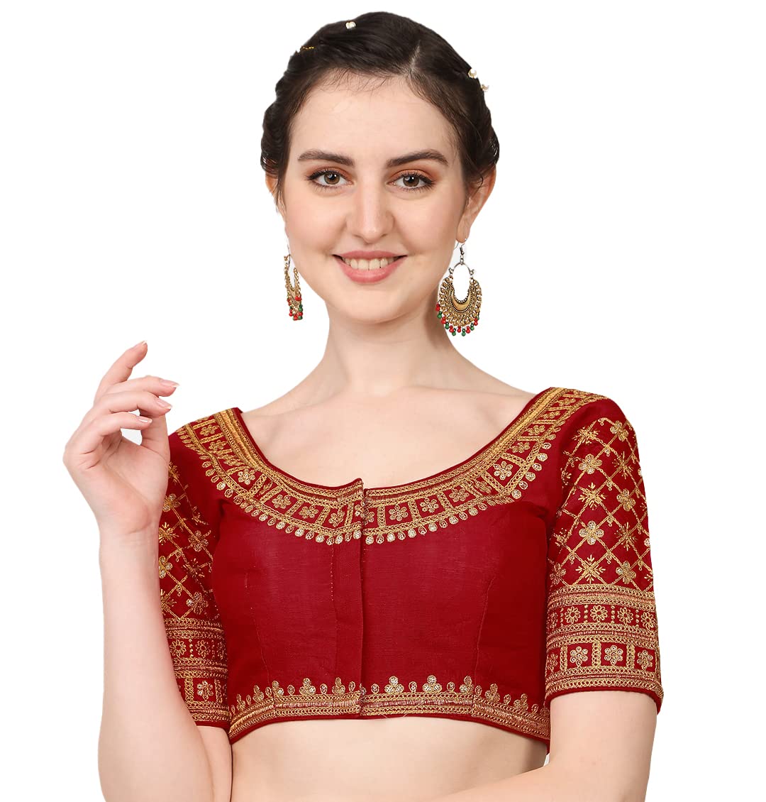 Pujia Mills Women's Silk Sequin Work Readymade Saree Blouse (Rasiya_Maroon_38)