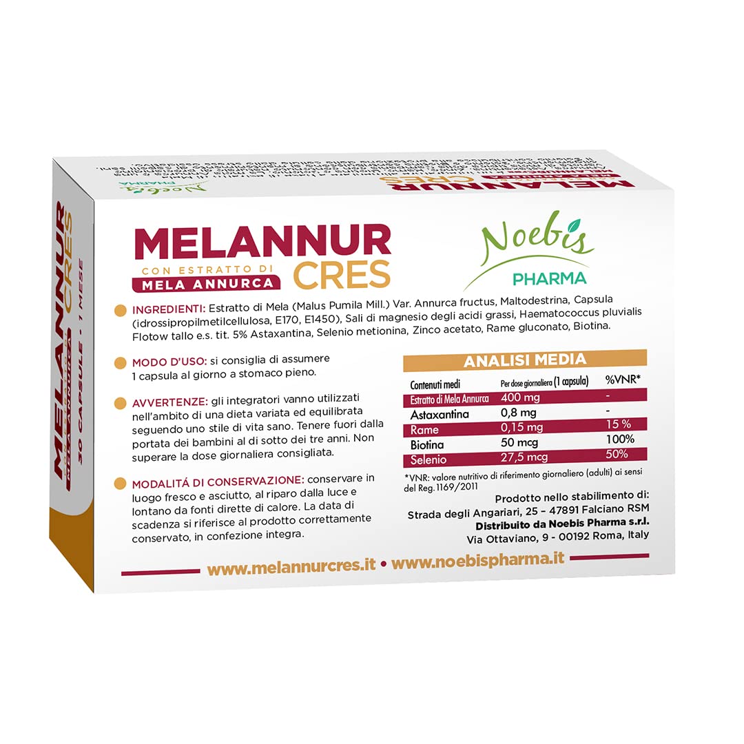 MelannurCres – Elisir per i Capelli – Integratore 30 Capsule – con Mela Annurca, Zinco, Rame, Selenio, Biotina e Astaxantina – Crescita e Forza - (Confezione da 6)