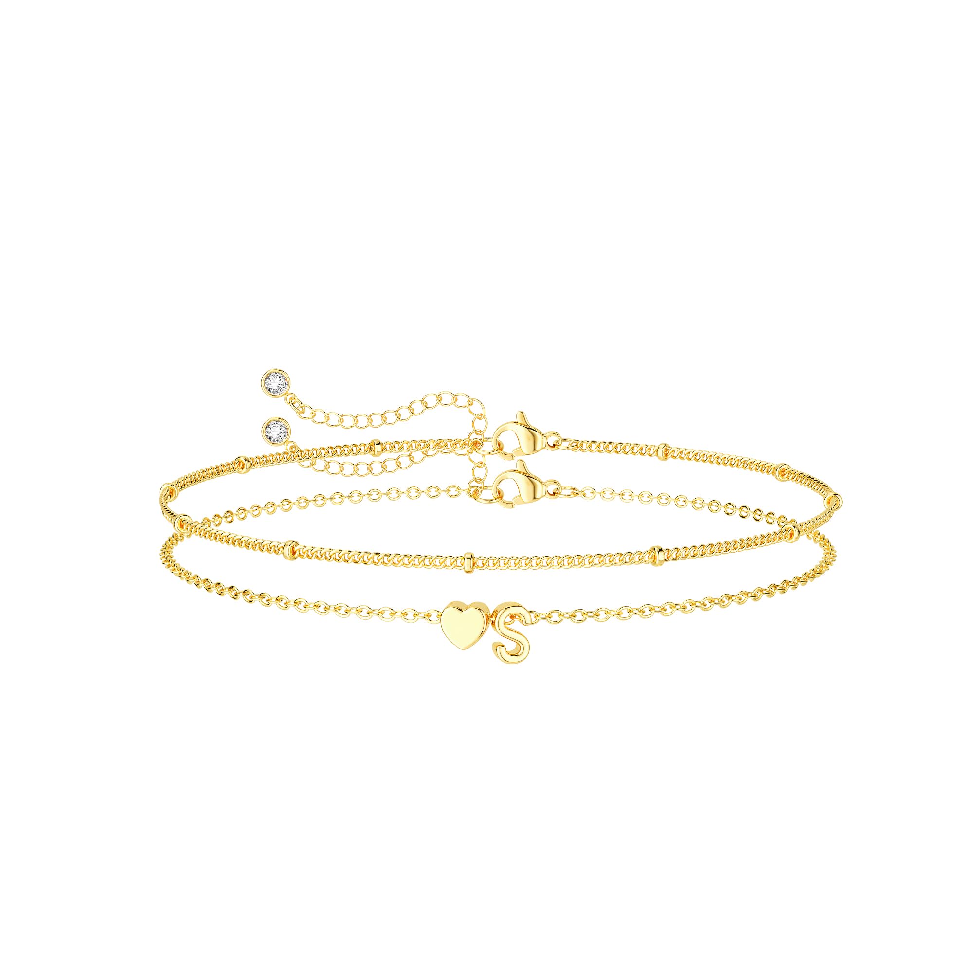 Dainty Initial Heart 14K Gold Plated Bracelets for Women Trendy, Letter Charm Bracelet Jewelry Cute Simple Fashion Chain Gift