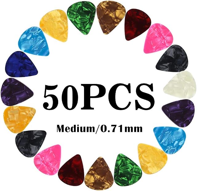 Guitar Picks Medium Pearl Gauge Assorted Variety Sampler Pack Celluloid - 50 Pcs Mixed Colorful - Guitar Plectrums for Gift Acoustic Guitar, Bass and Electric Guitar - 0.71mm