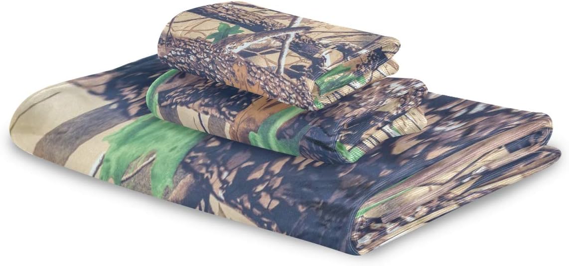 Military Texture Camo Towel Set of 3, 1 Bath Towels, 1 Hand Towels, 1 Washcloths, Highly Absorbent Towels for Bathroom