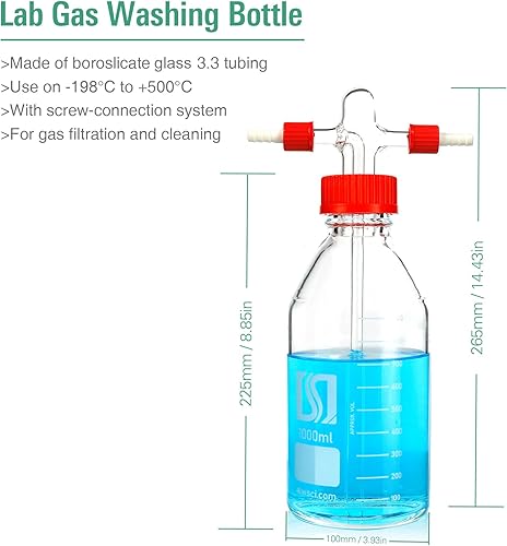 Vista 5 de ALWSCI Botella de lavado de gas al vacío de laboratorio, vidrio de 33.8 fl oz, botella de búfer de laboratorio graduada, cabeza Drechsel GL45