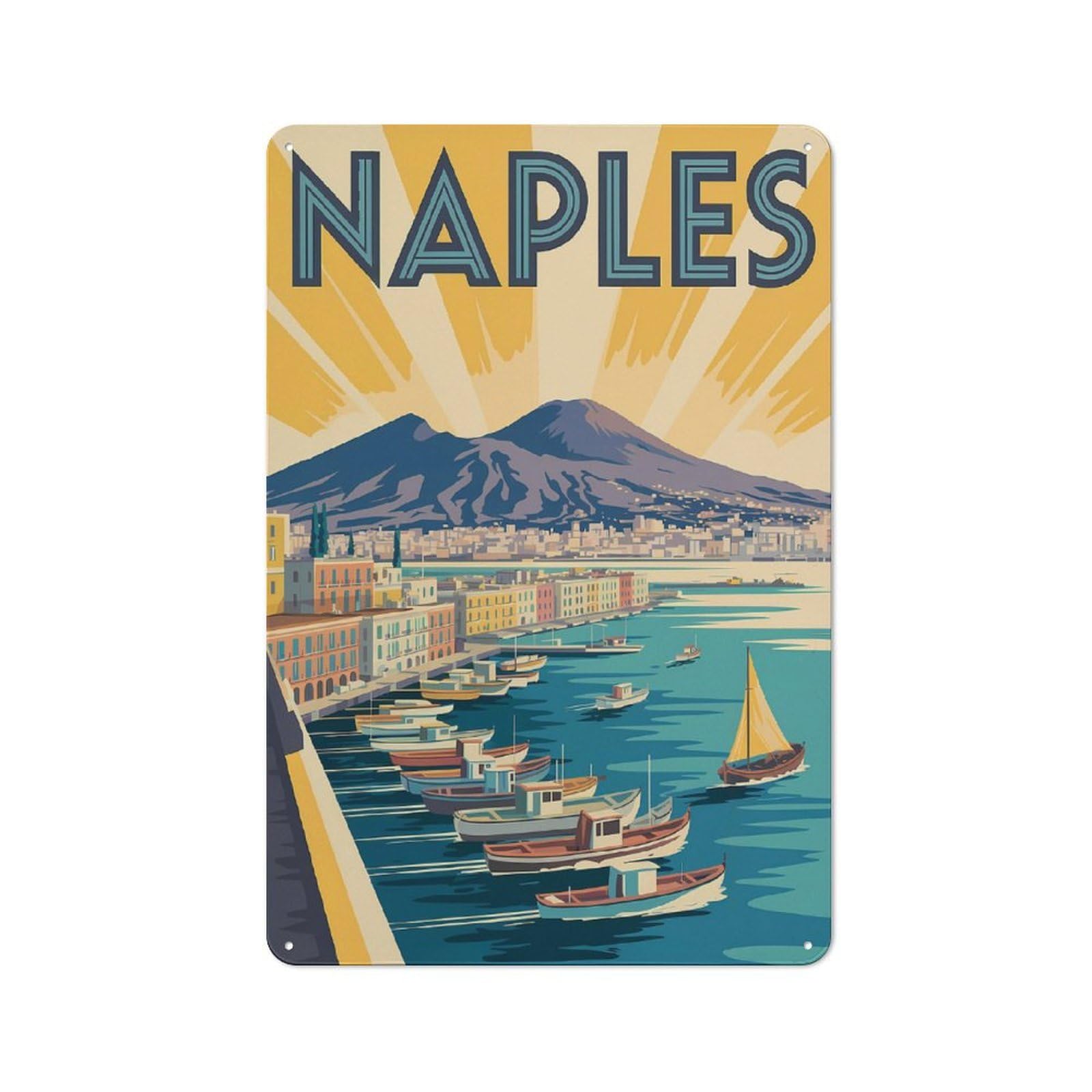 Naples Travel Metal Wall Plaque 30x20cm, Character Room Wall Plaque for Hallway, Home Bar, Garage Or Study