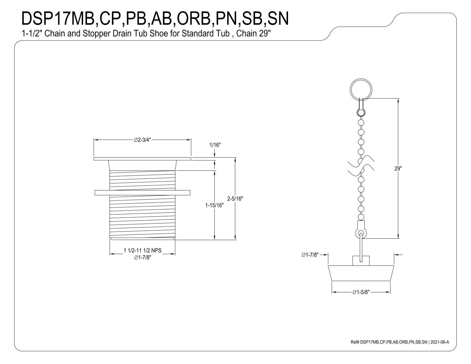 Kingston Brass DSP17ORB Hecho para combinar con cadena de 1-1/2 pulgadas y desagüe de bañera con rosca de cuerpo de 1-3/4 pulgadas, bronce aceitado
