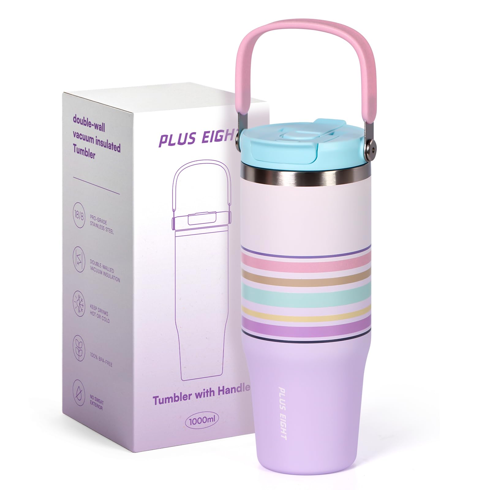 pluseight Stainless Steel Tumbler with Straw, 1000ml/32oz Travel Mug with Handle,Leakproof Reusable Travel Mug, Keeps Cold for 24H or Hot 12H, Fit in Car Cup Holder (Gradient Line)