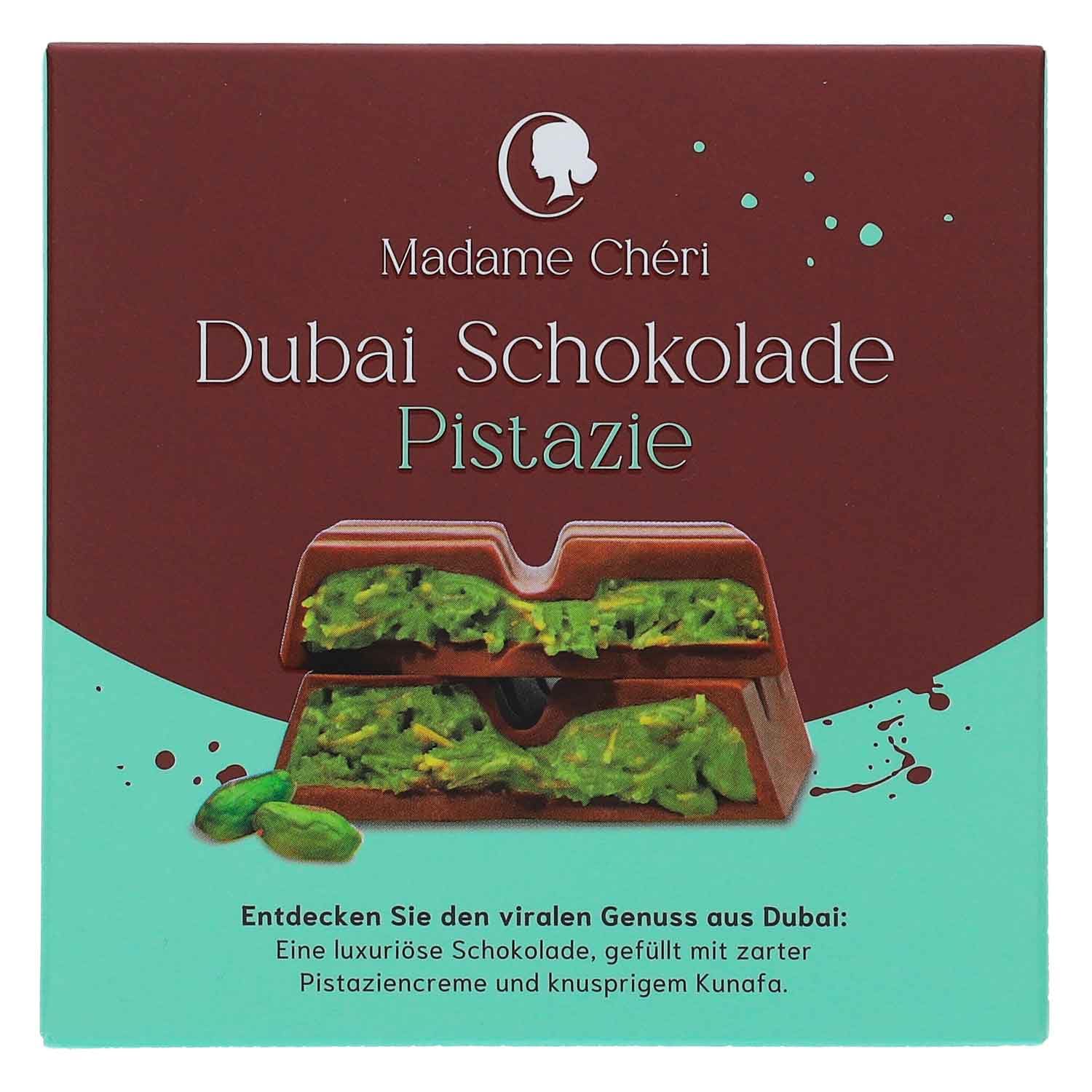 CandyFox.de | Madame Chéri Dubai czekolada pistacjowa 100 g | Oryginalna czekolada Dubai z kunefe i pistacjami (8 sztuk)