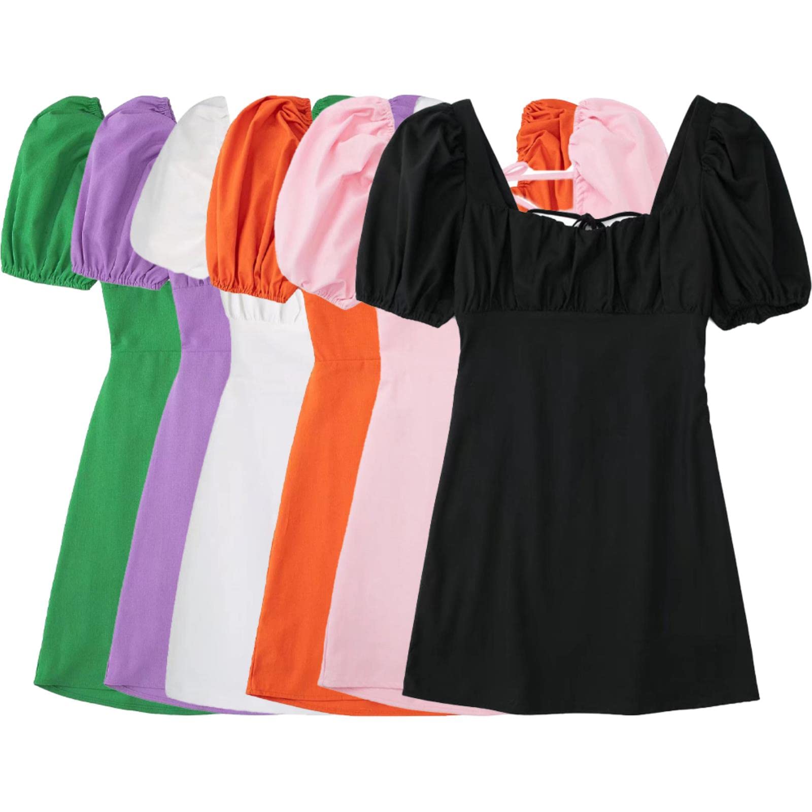 Abito da donna alla moda con scollo quadrato senza schienale maniche a sbuffo busto elasticizzato e vita abito corto bianco estivo