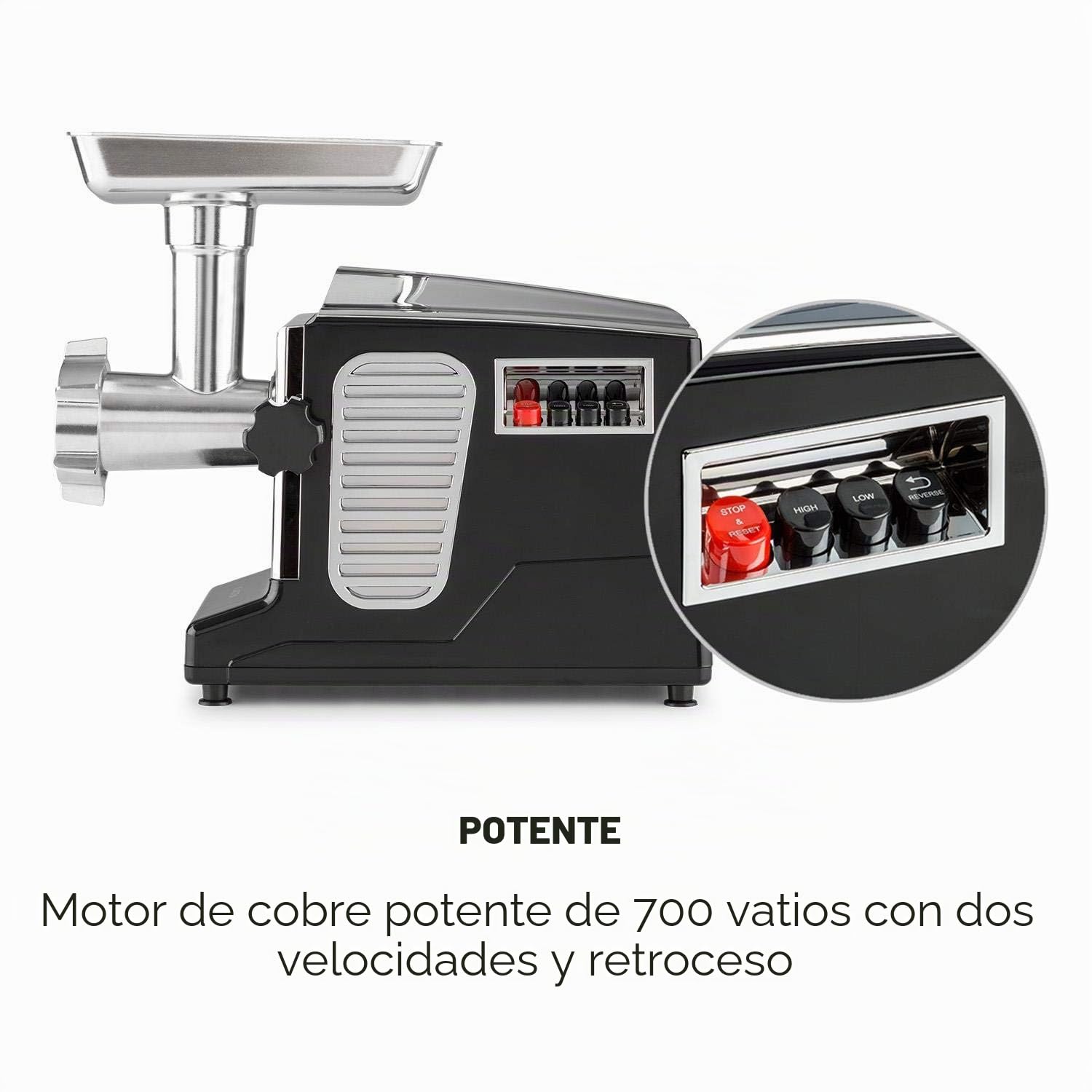 Klarstein Kraftprotz Picadora - Picadora de carne eléctrica, 700 W de potencia, 2 velocidades, Marcha atrás, Cuchilla de acero inoxidable, Gran bandeja de aluminio, Set de accesorios, Negro