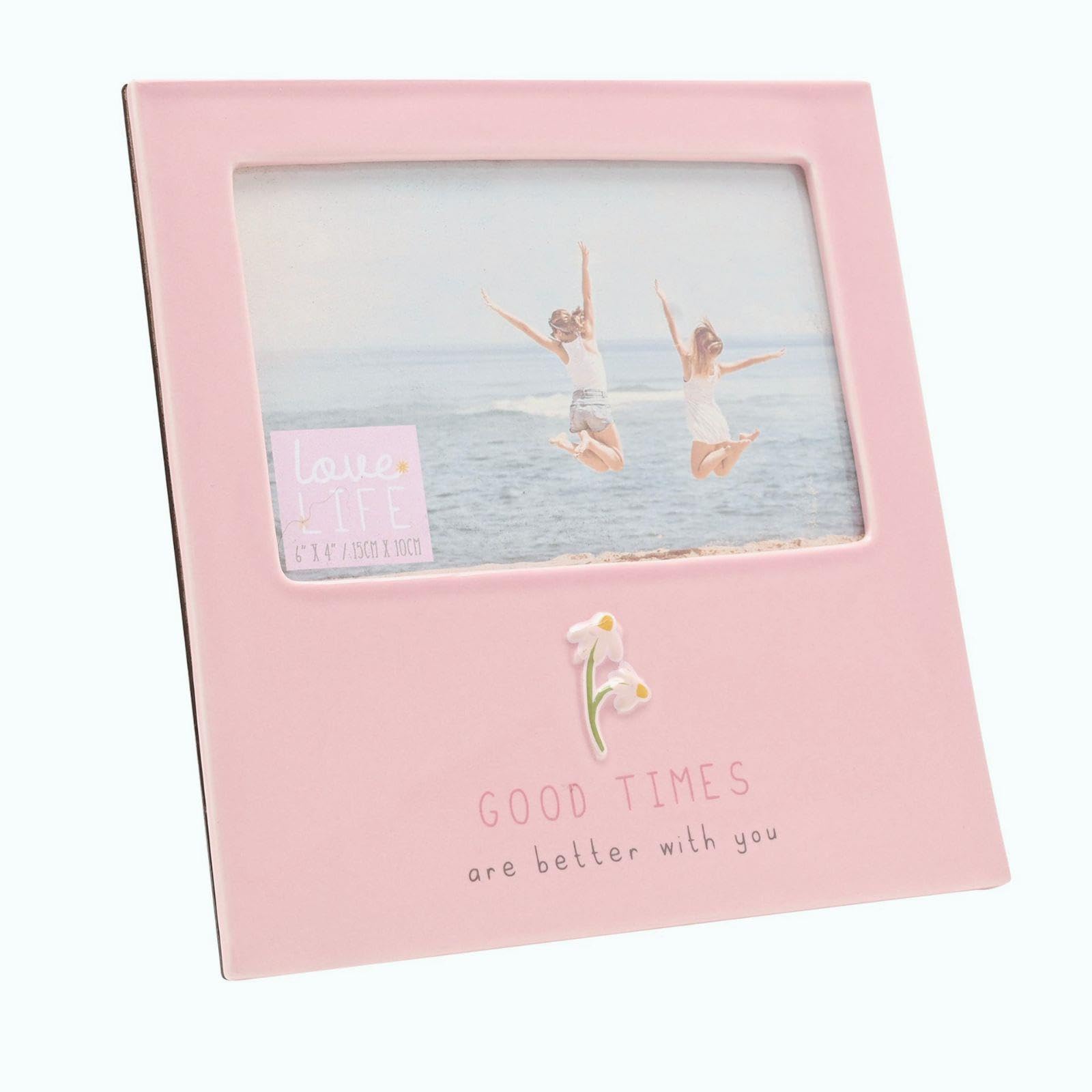 Good Times Photo Frame 4x6 Keepsake - Picture Frame Family Home Decor - Best Friend Gift Holiday Photos - Pink Embossed Ceramic Photo Holder - Freestanding Landscape Display