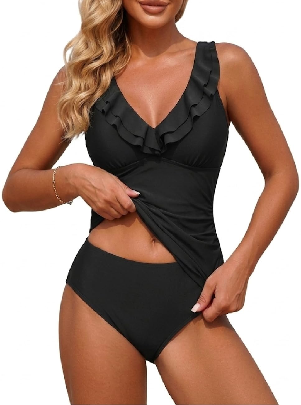 Womens 2 Piece Falbala Ruffle Flounce Tankini Swimsuits Ruched Bathing Suits Deep V Neck Swimwear-image-27