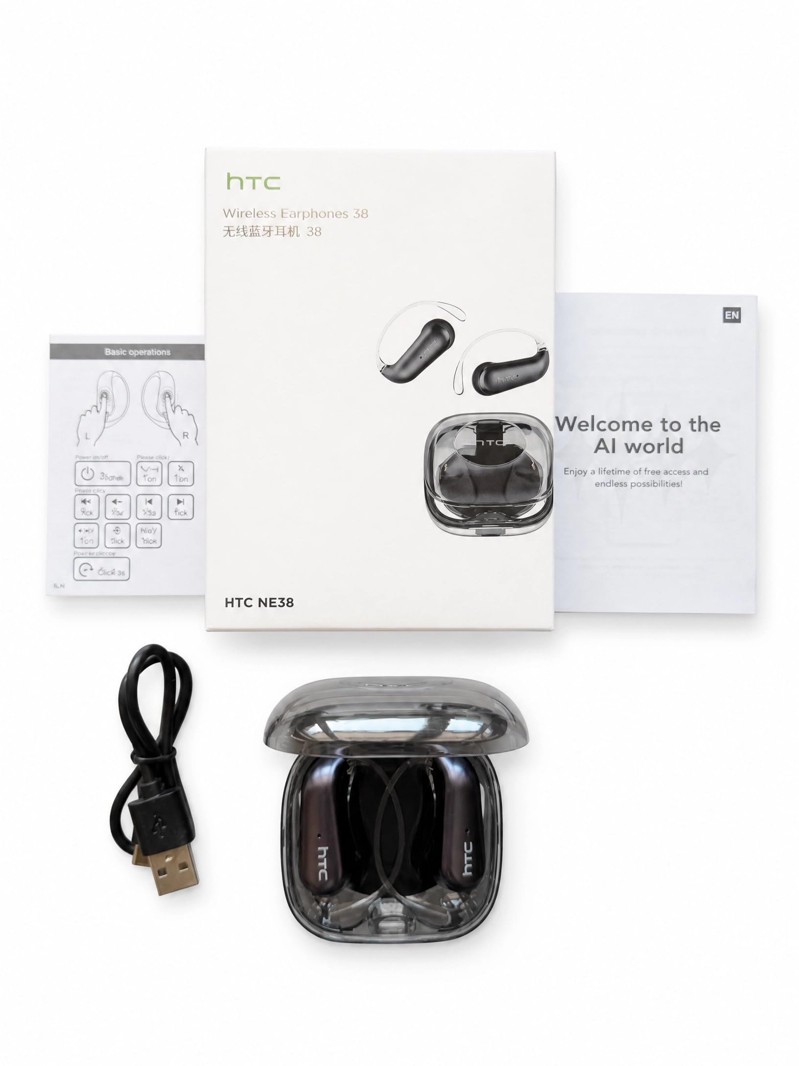 HTC NE38 - Auriculares de oreja abierta, Bluetooth 6.0, traducción IA, color negro