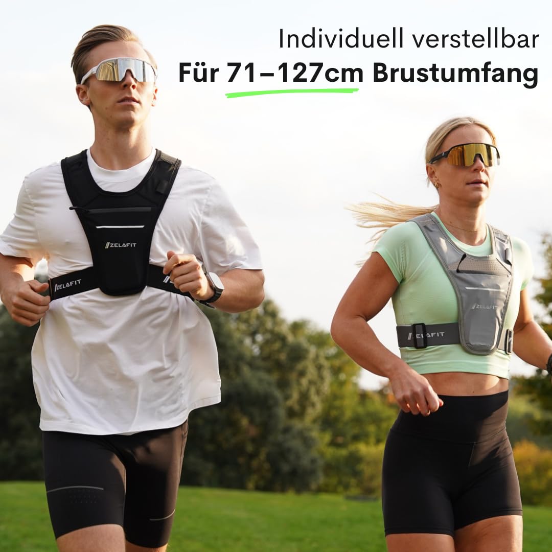 ZelaFit® Laufweste für Damen und Herren, Einheitsgröße, verstellbar, leichte Laufweste mit Reflektoren, wasserdichter Handytasche, Schlüsselhalter, kompakte Alternative zum Laufrucksack (Schwarz)