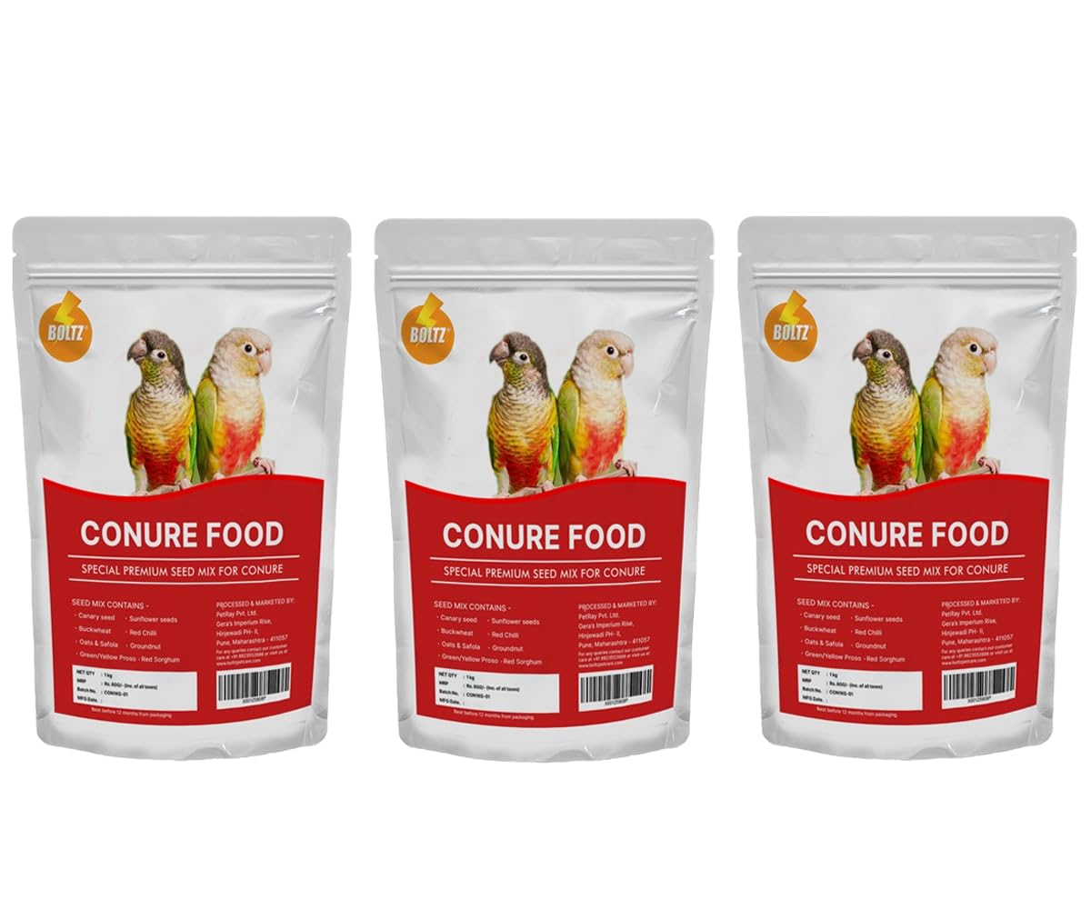 Boltz Best Bird Food for Conures 3Kg - Natural and Healthy Premium Seed Mix, Daily Treat for Parrot, Complete Nutrition for All Life Stages (1 KG, Pack of 3)