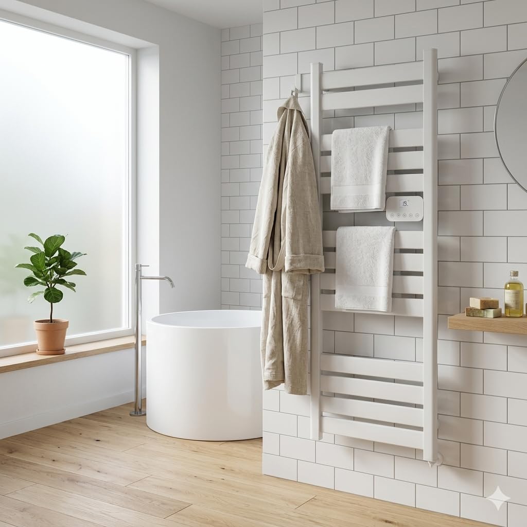 DREXON – Sèche-Serviette Électrique FAENA – Inertie Sèche sans Fluide – Thermostat Électronique Programmable – Fixation Murale Incluse – Design Plat – Garantie 5 Ans (Blanc, 127cm - 750W)