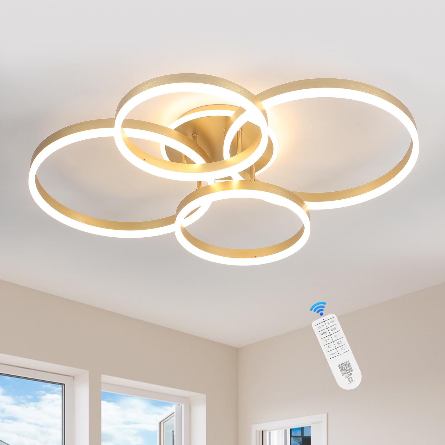 Modern LED Ceiling Light 4-Rings Dimmable 34’’ Brushed Gold Ceiling Lamp with Remote for Living Room, Metal Circle Flush Mount Chandelier Lighting for Dining Room(110W 3000K-6500K)