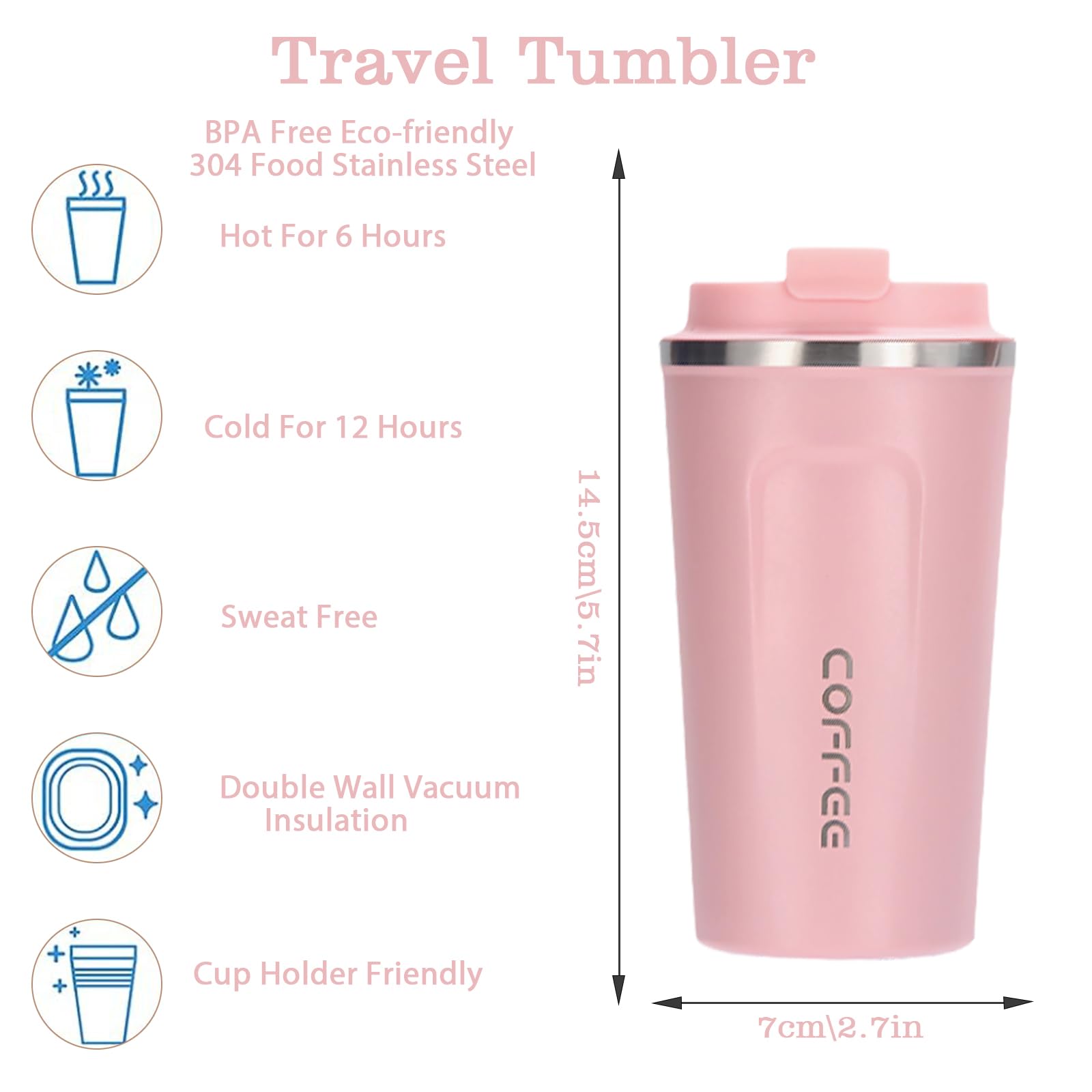 Shunshi Travel Mugs, 380ml Pink - Insulated Coffee Cup with Leakproof Lid - Keeps Hot/Cold 4-6 Hours - Stainless Steel, 1537.23 cm³ - Image 2
