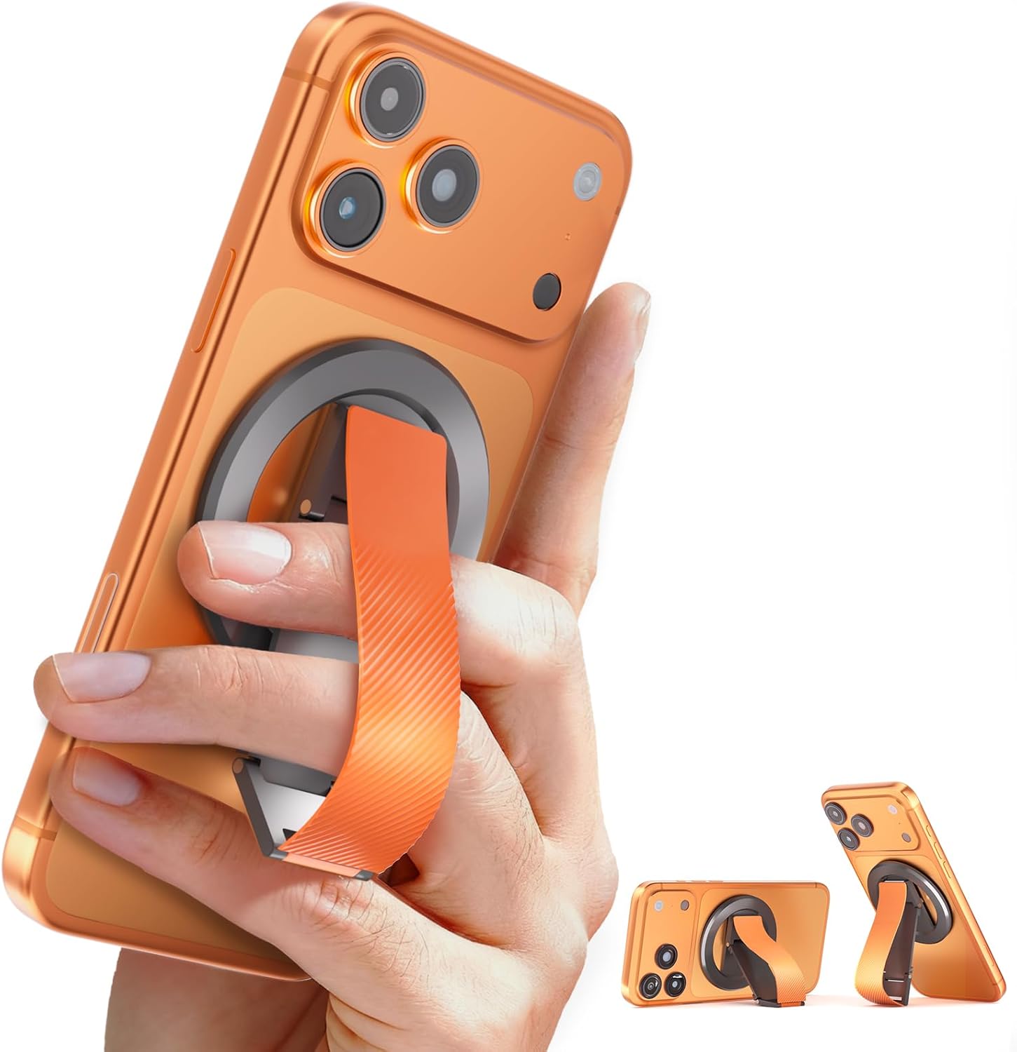 for MagSafe Phone Grip, Magnetic Phone Stand with Silicone Finger Strap & Dual-axis Adjustable Kickstand, Magnet Ring Holder Compatible with iPhone 17/16/15/14 Pro Max, Vibrant Orange