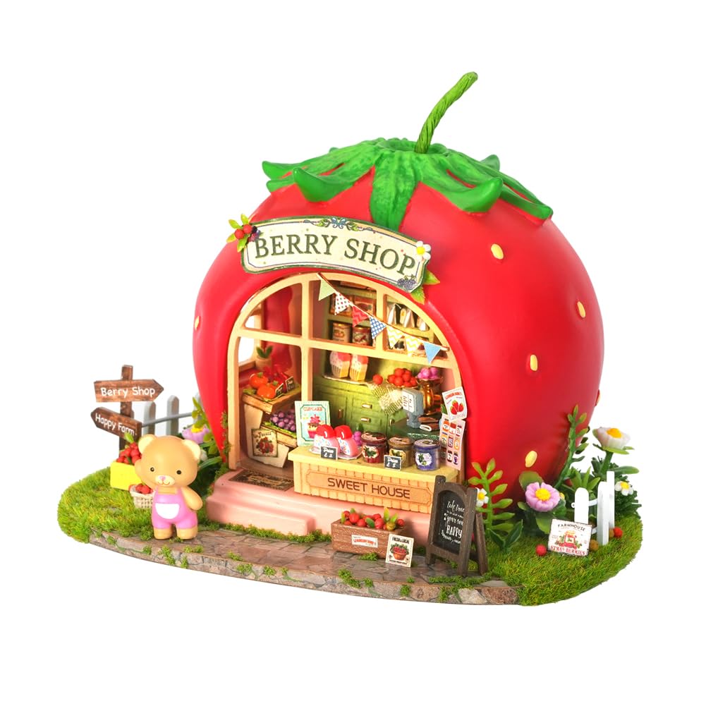 Diymnhaus-DIY Mini Dollhouse Kit Forest Fruit Town Series Miniature House Building Model Adult Assembly Kit 3D Construction Model Creative Gift (Little Bear Berry Shop)