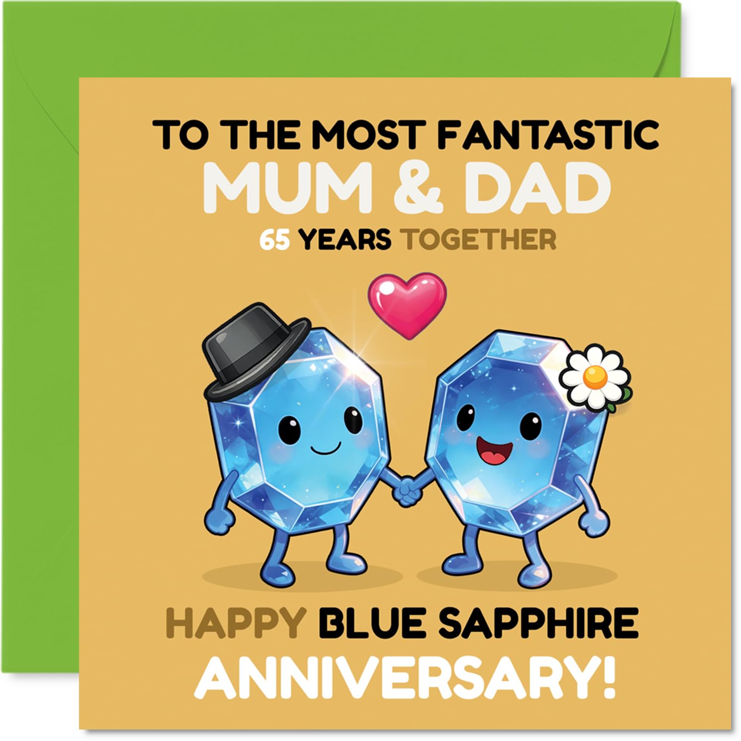 Sweet 65th Anniversary Card for Mum & Dad - Celebrating 65 Years Side by Side - Cute Gemstone Duo with Loving Smiles - 145mm Square, Envelope Included