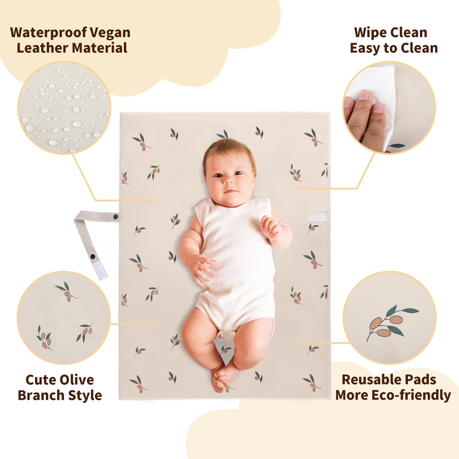 Tragbare Wickelunterlage aus veganem Leder, wasserdicht, kompakt, faltbar, Reise-Wickelunterlage, Geschenk für Neugeborene (Olivenzweig mit Gurt, 50,8 x 71,1 cm)