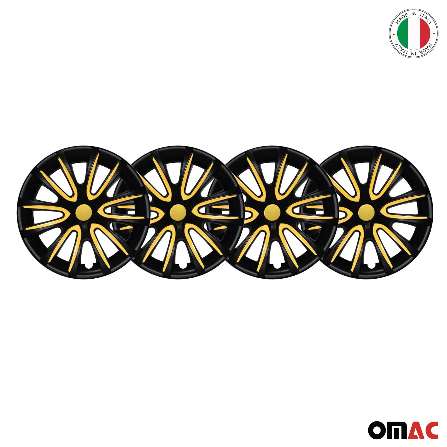 OMAC 4X Radkappen Radzierblenden Radblenden 15" Zoll Stahlfelgen Matt Schwarz-Gelb