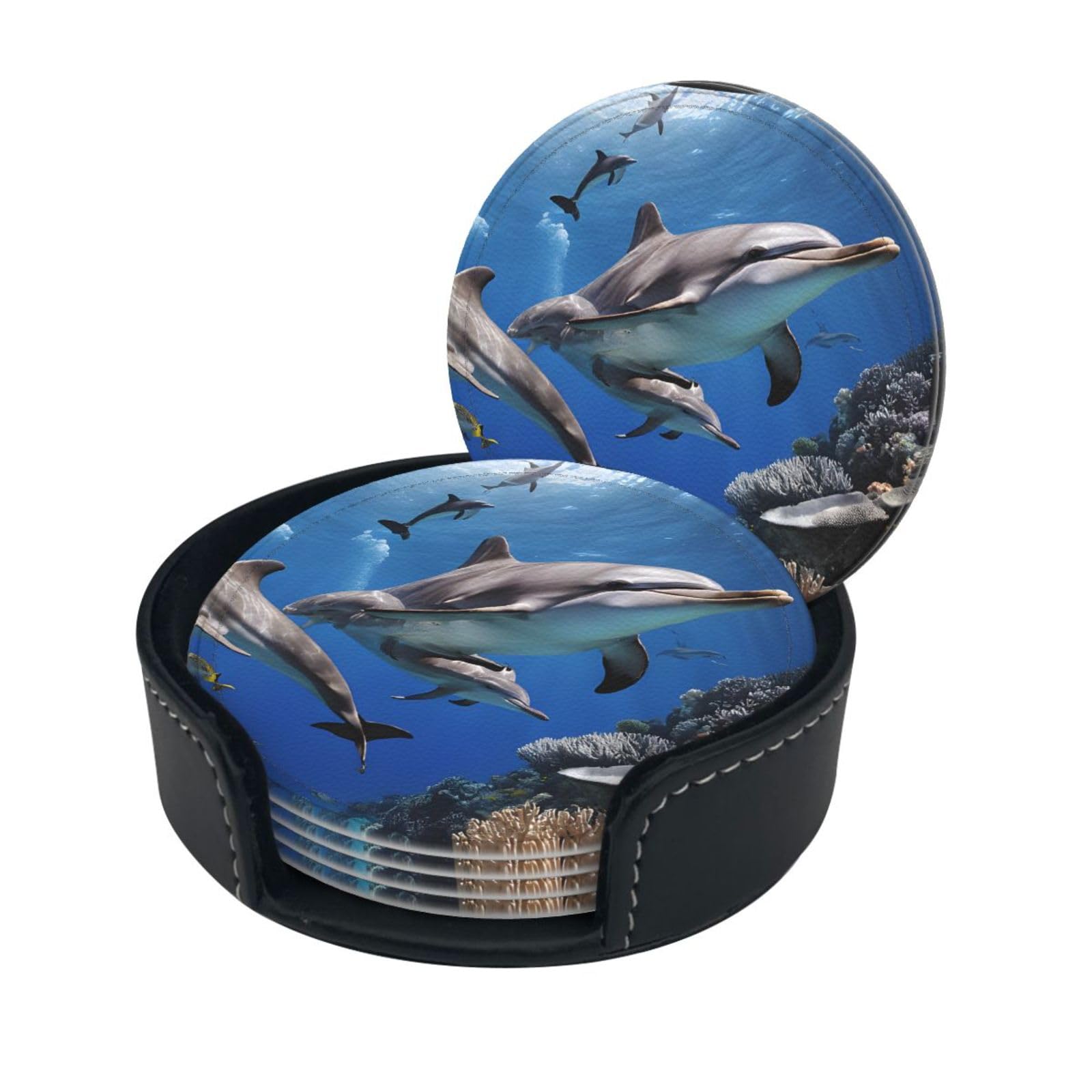 Killer Whale Print Print Coaster,Round Leather Coasters with Storage Box for Wine Mugs,Cold Drinks and Cups Tabletop Protection (6 Piece)