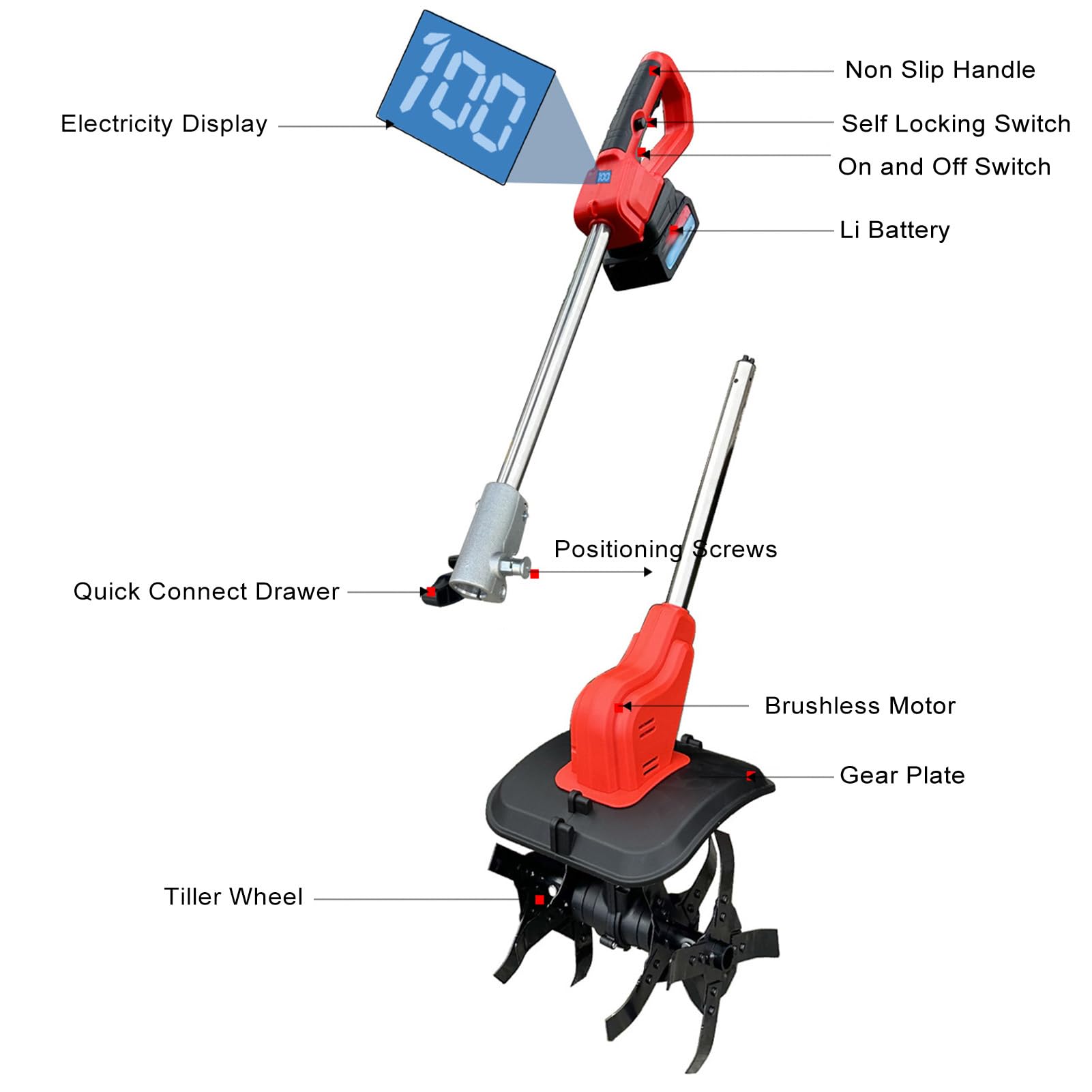 Generic 21 V akumulatorowa glebogryzarka ogrodowa, elektryczna glebogryzarka z wyświetlaczem cyfrowym, 4 ustawienia prędkości, głębokość 24 cm i szerokość 30 cm
