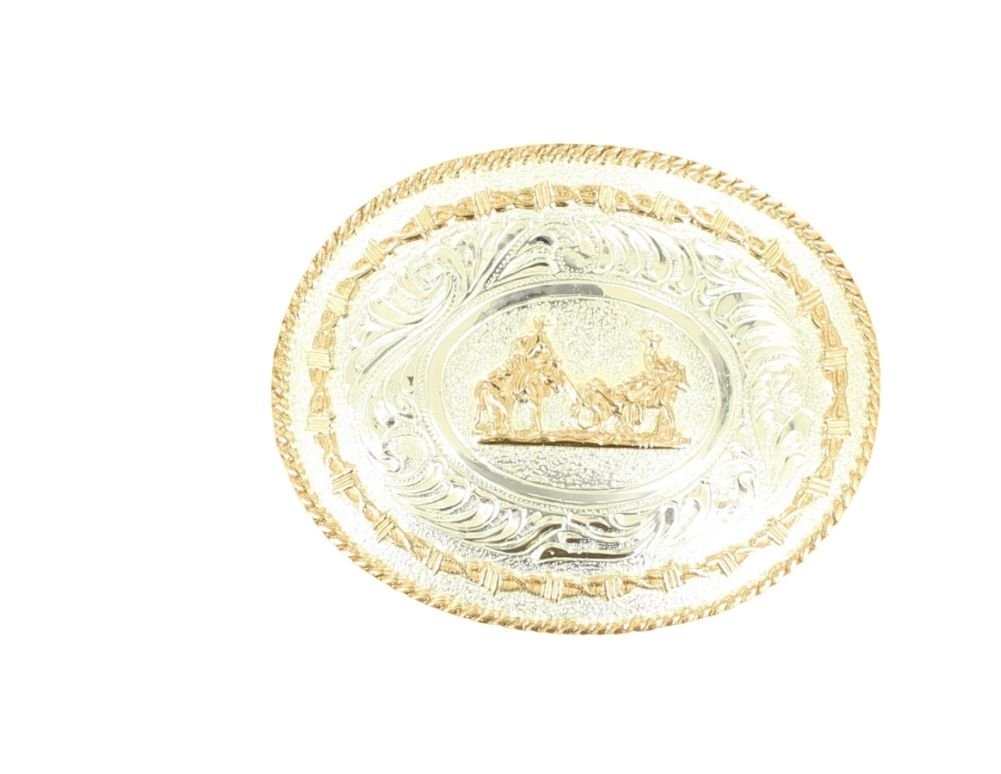 Crumine Team Roper Trophy Buckle - Silver Gold Plated - 3.25 X 4.25