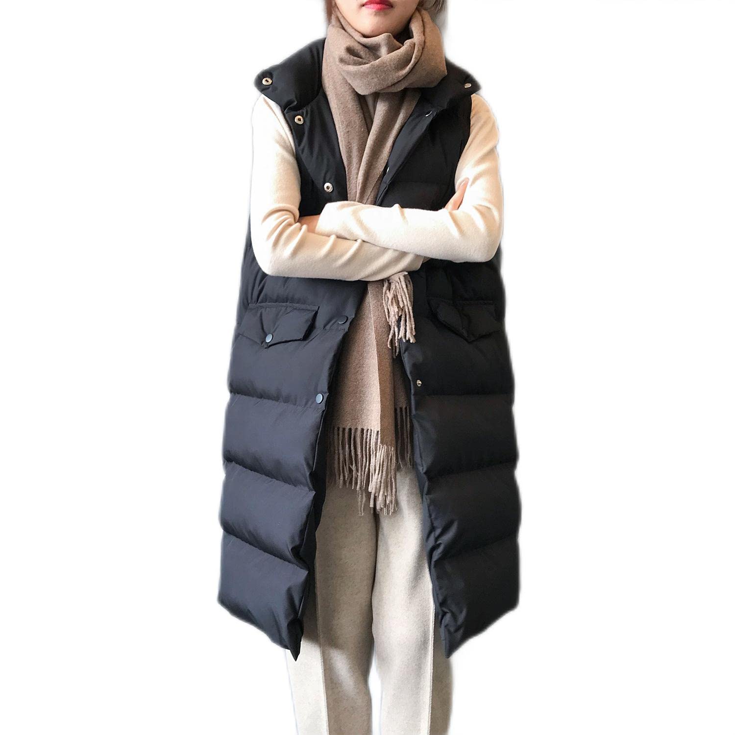 Cappotto Donna Elegante, Gilet Lungo Senza Maniche Da Donna, Gilet Invernale Imbottito Lungo Trapuntato Giacca Da Donna Smanicato Piumino,Nero,S