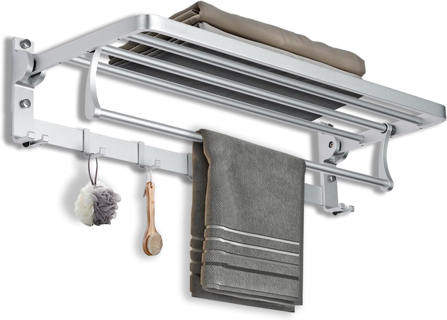 24 Inch Towel Racks for Bathroom Wall Mounted, Foldable Towel Rack with Shelf, Towel Storage Organizer with Movable 5 Hooks for Bathroom Lavatory Silver 24 inch