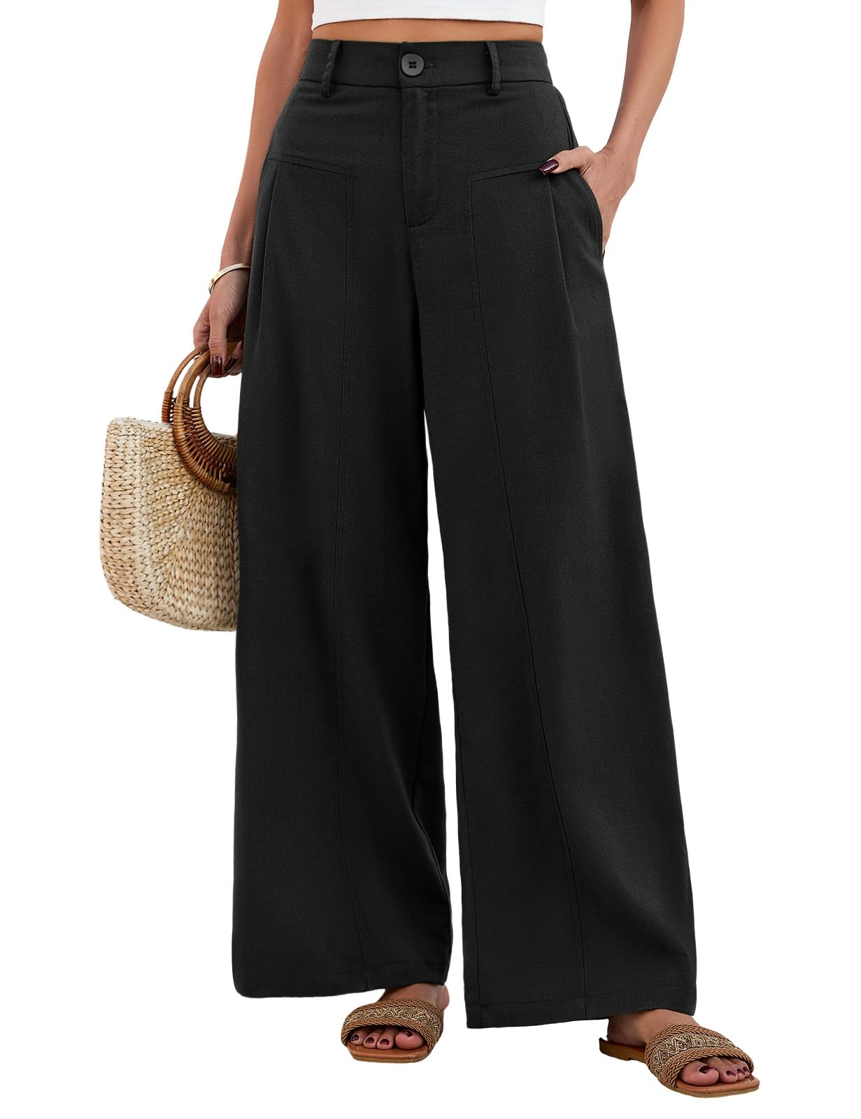 Fashora Pantaloni Lino Donna Estivi Gamba Larga Pantaloni Elastico in Vita Leggeri Traspiranti Pantaloni Casual Comodi Palazzo con Tasche e Bottoni