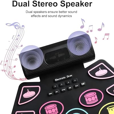 Drums Electronic with 9 Pads Coolmusic Portable Roll-Up Drum Pad E-Drum Kit Integrated Dual Stereo Speakers E-Drum for Beginners black